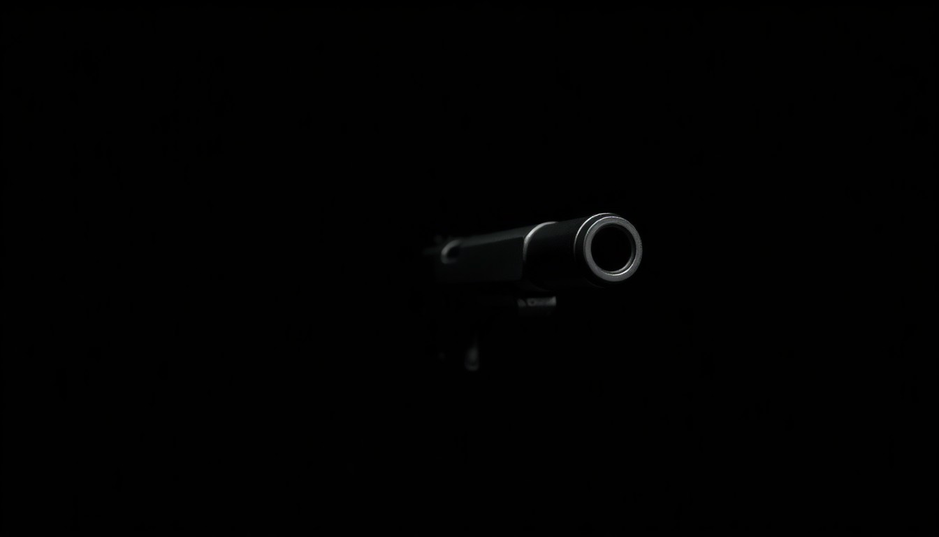 An extreme close-up photograph of a single loaded handgun against a black background, the harsh flash illuminating the weapon's metallic details and creating a stark, gritty visual.