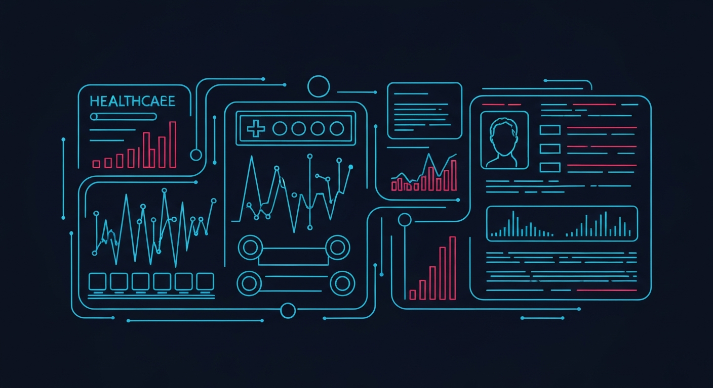 A vibrant, minimalist illustration of a healthcare data dashboard, defined by glowing neon lines and shapes that suggest the dynamic flow of information and insights.