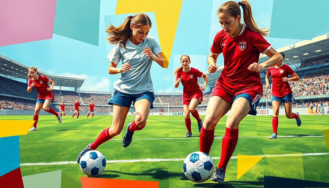 A cubist, geometric painting depicting the chaotic action of a high school girls soccer match, with the players' bodies and the ball broken down into overlapping planes of color and abstract shapes.