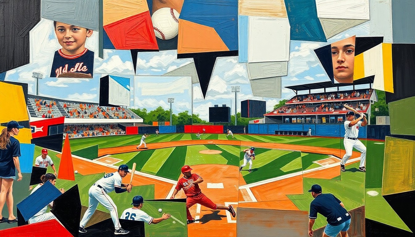 A dynamic, cubist-style painting depicting a high school baseball game, with the players and field abstracted into sharp, overlapping geometric shapes and planes, conveying the energy and movement of the sport.
