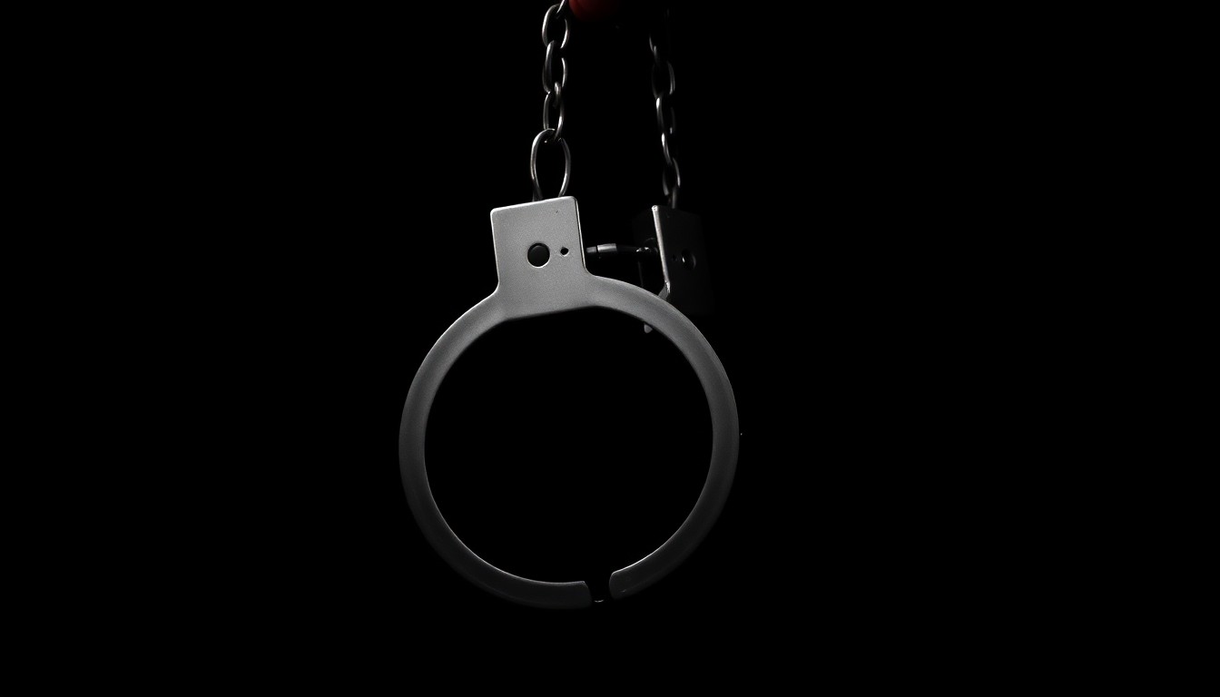 An extreme close-up photograph of a pair of handcuffs against a pitch-black background, lit by a harsh, direct camera flash, conceptually illustrating the arrest of a criminal suspect.