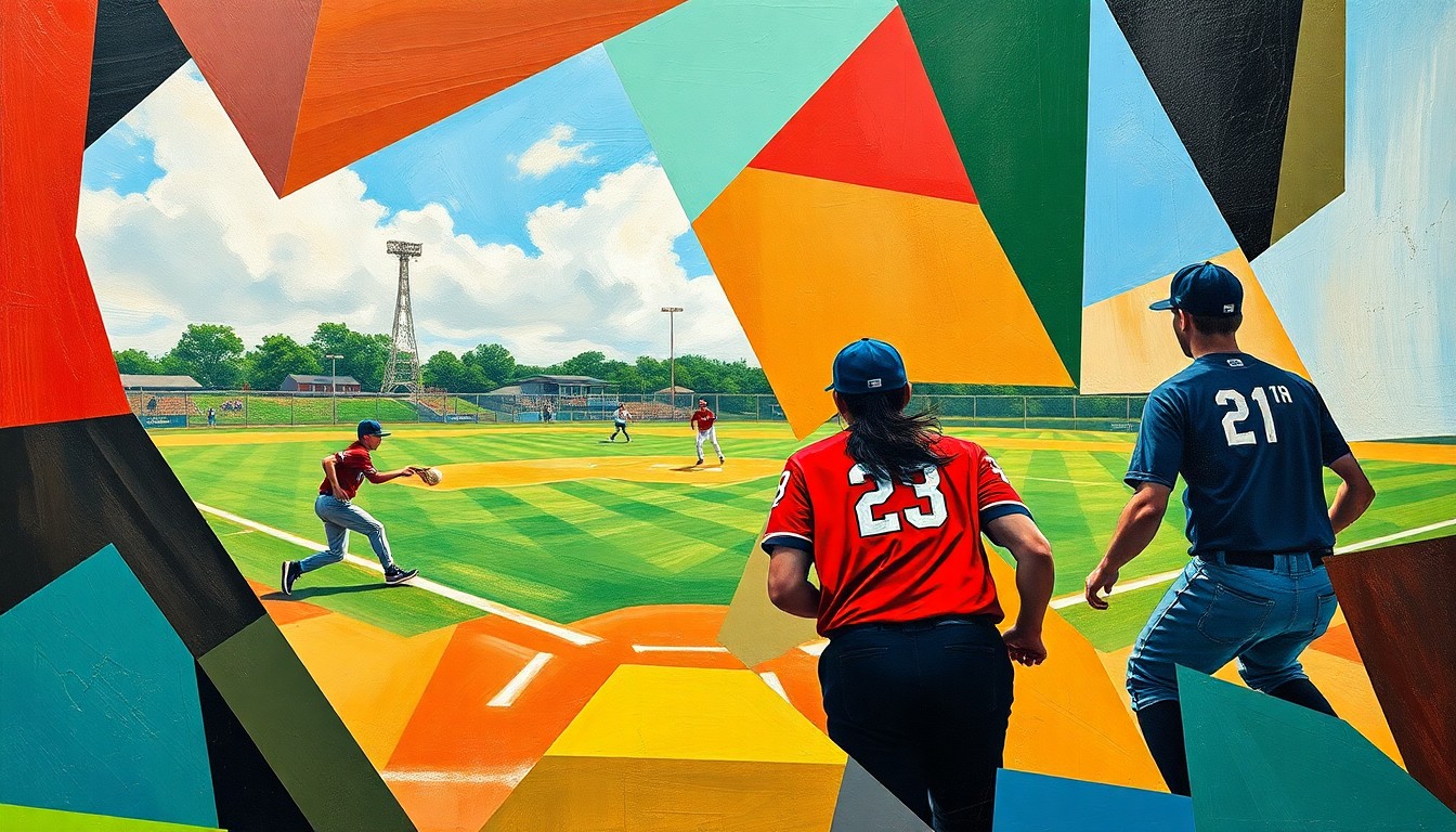 A cubist, geometric painting depicting the dynamic movements and energy of a high school softball game, with the players and field broken down into sharp, overlapping planes of color and abstract shapes.