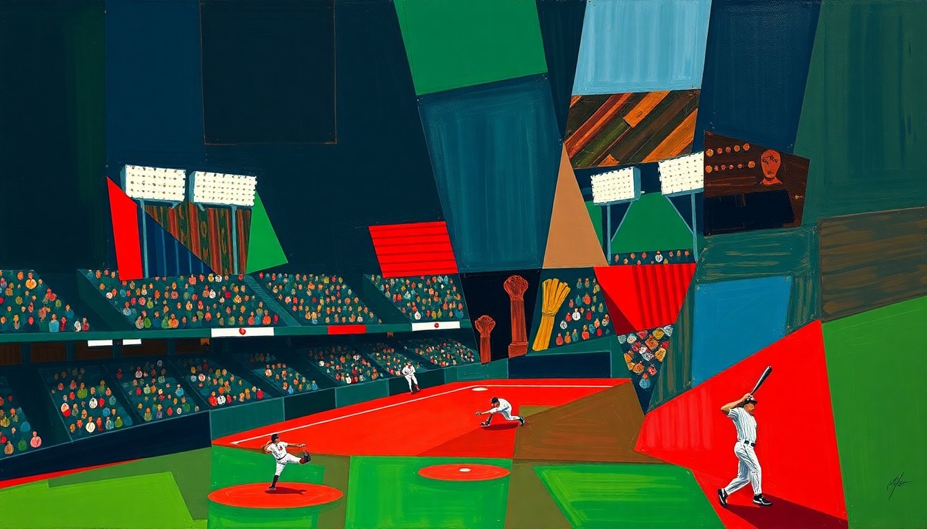 A fragmented, cubist-style painting depicting the final moments of a high-stakes baseball game, with sharp geometric shapes and bold colors representing the intensity and drama of the closing action.