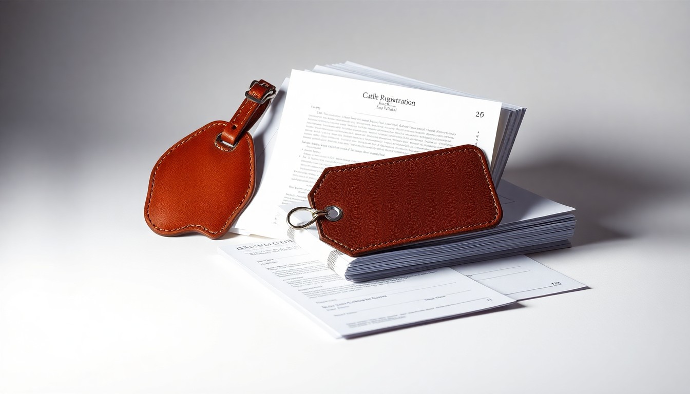A high-end, photorealistic studio still-life photograph featuring a polished metal cattle brand, a leather cattle tag, and a stack of official cattle registration documents, conceptually representing the regulatory oversight and documentation involved in Nebraska's livestock brand system.