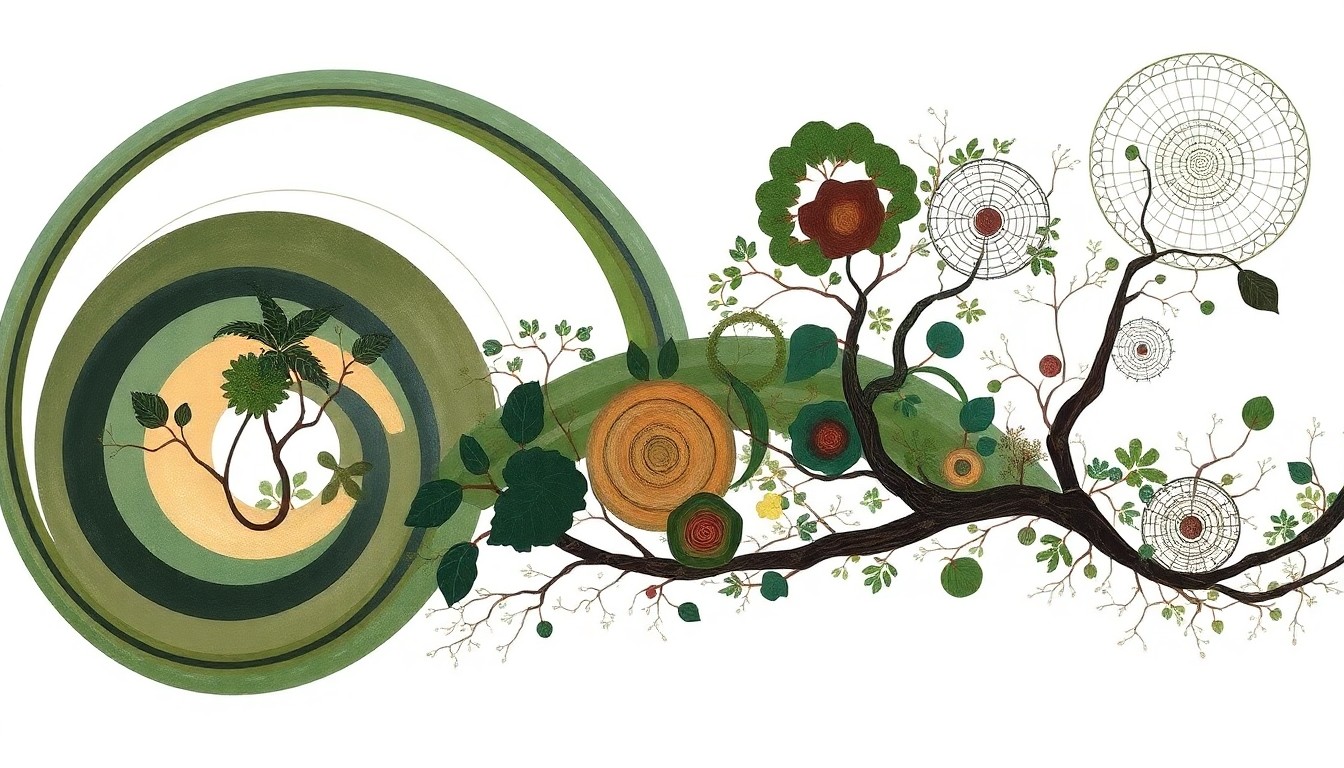 A bold, abstract painting in earthy tones featuring sweeping geometric arcs, concentric circles, and precise botanical spirals, conceptually representing the complex, interconnected systems of a forest ecosystem.
