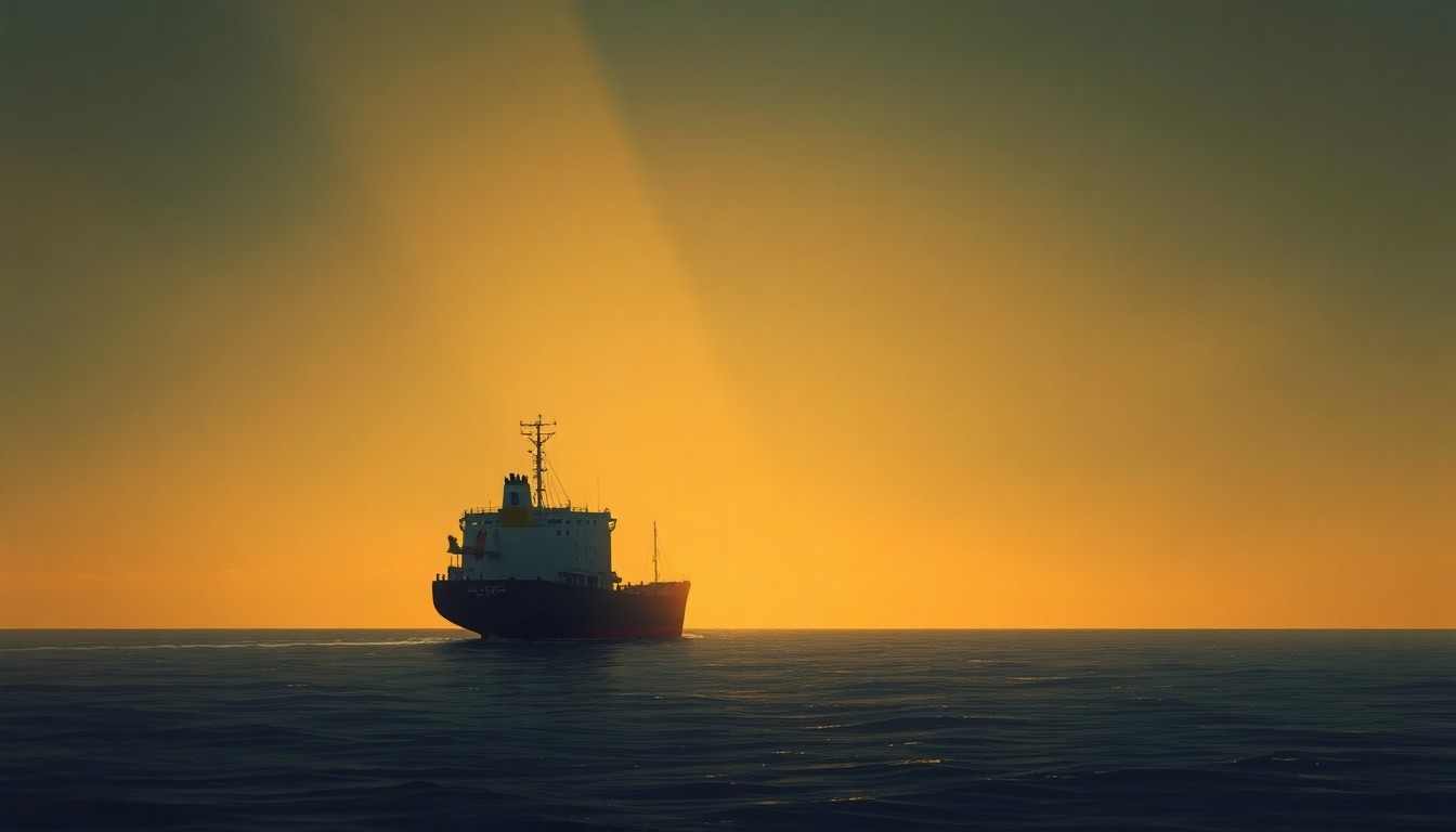 A serene, photorealistic painting of a large cargo ship anchored in the Strait of Hormuz, with the vessel's silhouette reflected in the calm waters and surrounded by a warm, hazy atmosphere evocative of the region's climate.