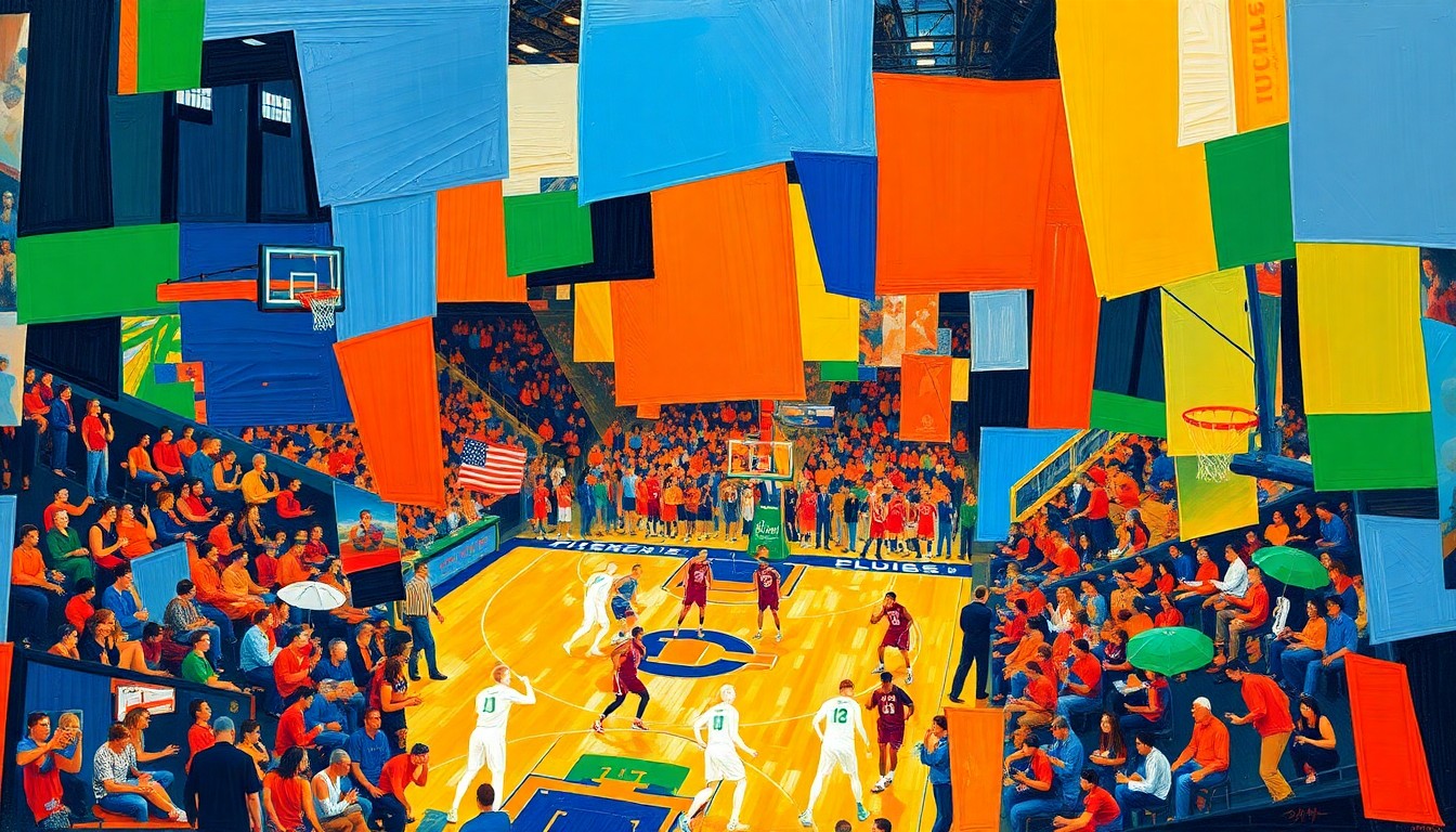 A fractured, cubist-style painting depicting the dynamic action and emotion of a basketball game, with sharp geometric shapes and planes in vibrant shades of orange, blue, and green.