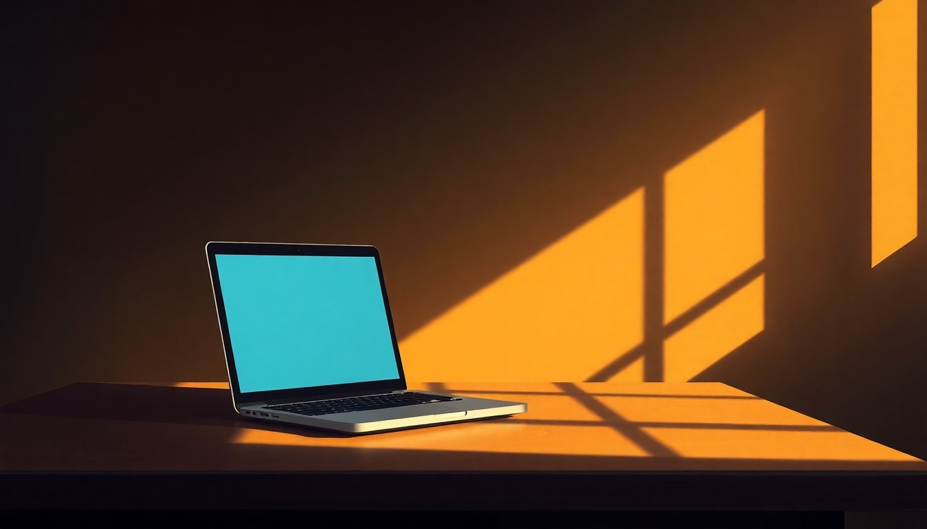A warm, nostalgic painting of a solitary laptop computer on a desk, with diagonal sunlight and deep shadows, conceptually representing the digital 'talent marketplace' at the heart of the MATCH Act.
