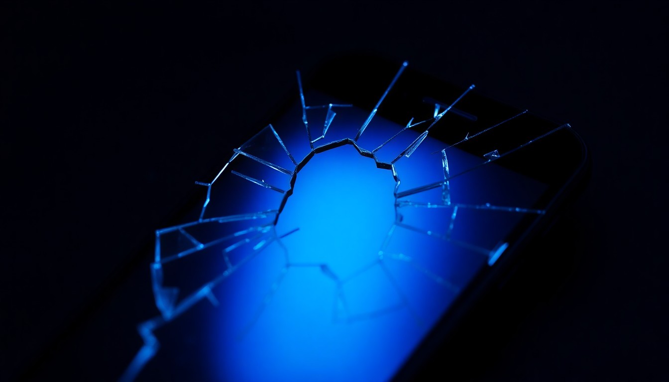 An extreme close-up photograph of a shattered smartphone screen, the broken glass reflecting a faint blue light, conceptually illustrating the vulnerability of digital communication.