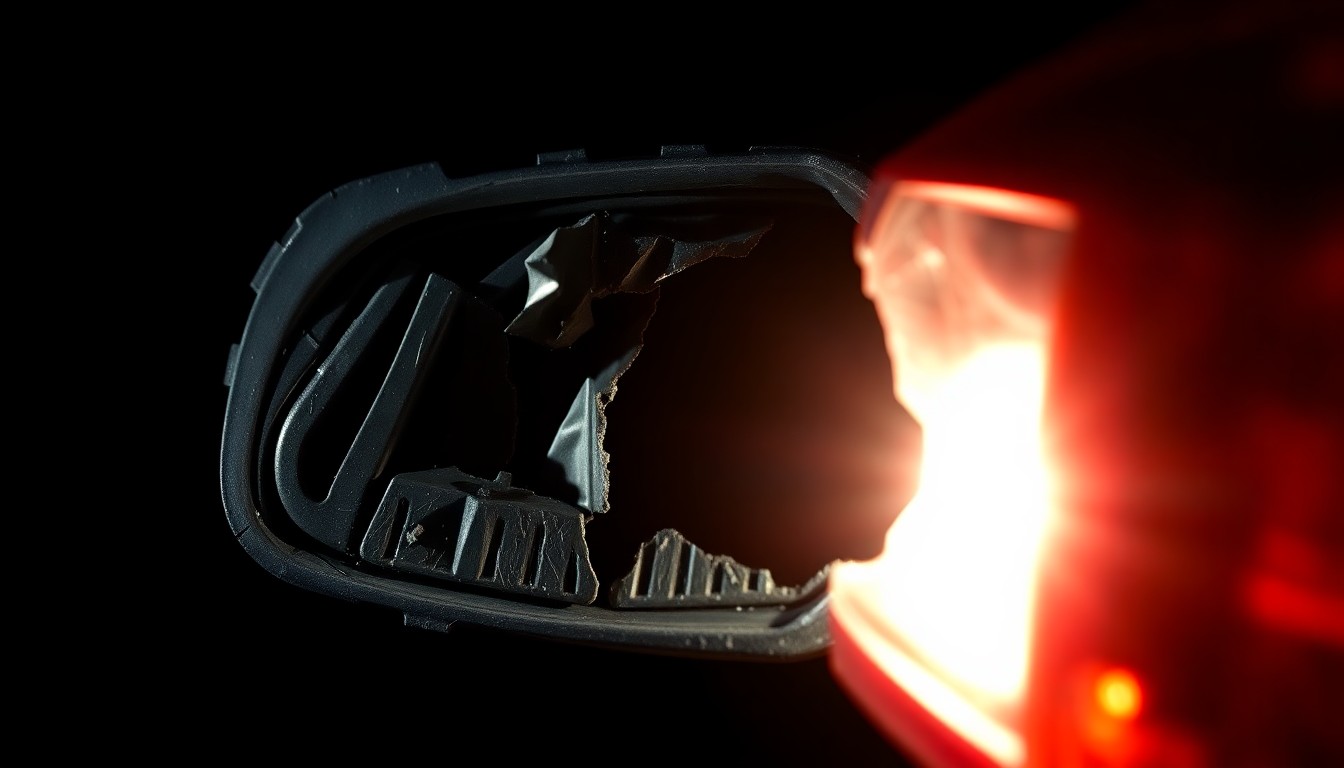 An extreme close-up photograph of a damaged vehicle part, such as a crumpled sideview mirror or shattered taillight, lit by a harsh, direct camera flash against a pitch-black background, conceptually illustrating the tragic consequences of a deadly smuggling incident.