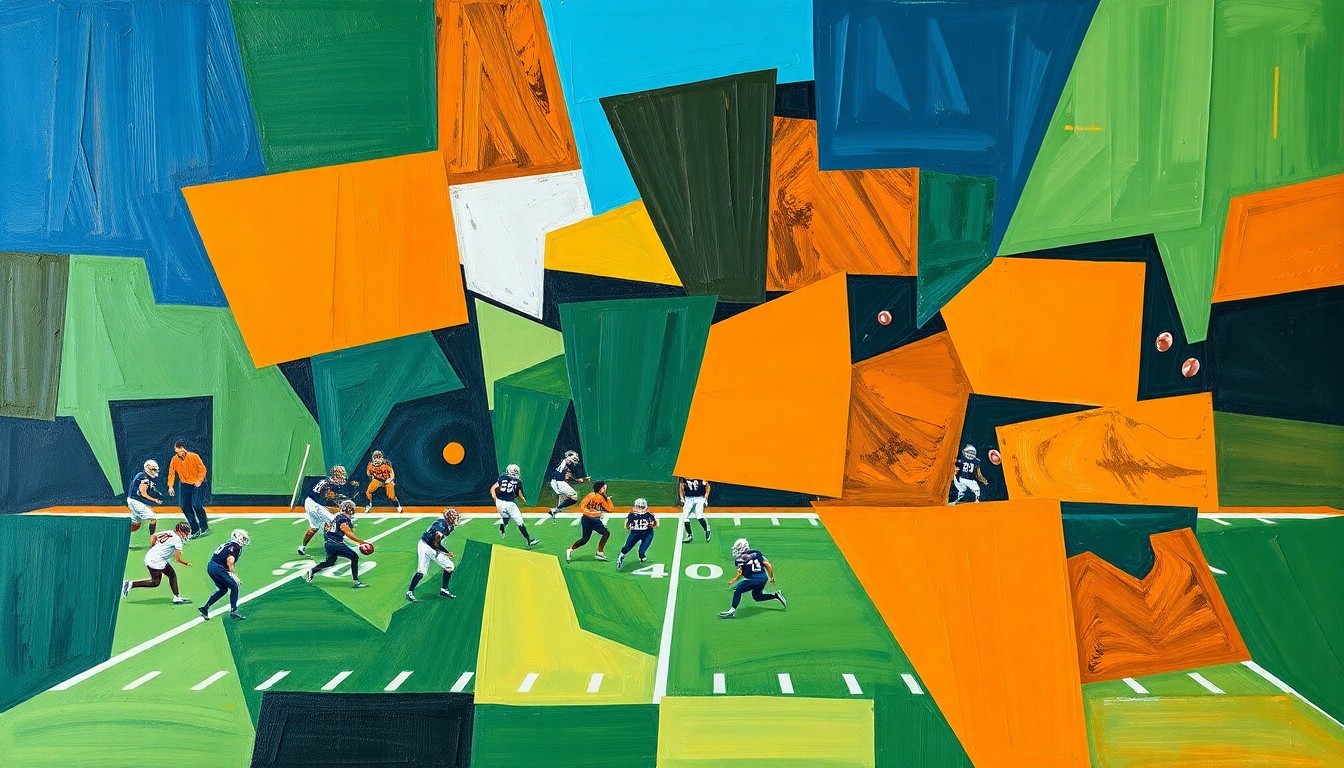 A cubist, geometric painting depicting the chaotic energy and movement of a high school football game, with players and equipment fractured into sharp, overlapping planes of navy, green, and orange.