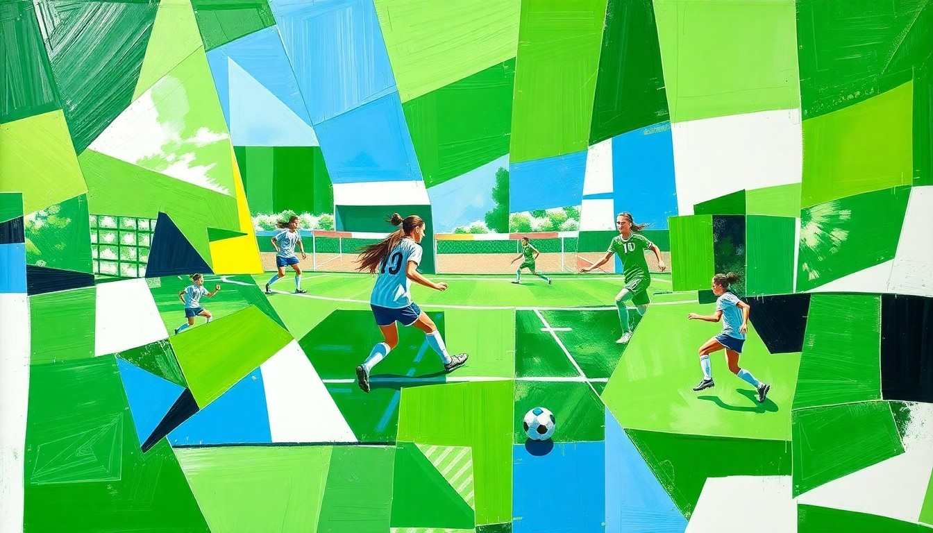 A cubist, geometric painting depicting the action and energy of a high school girls' soccer match, with overlapping planes of green, blue, and white representing the players, field, and ball.