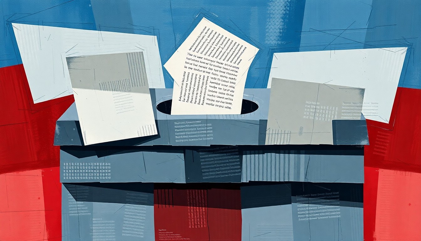 A fractured, overlapping geometric painting in shades of blue, grey, and red, depicting an abstract ballot box, conveying the contested nature of voting rights and election security.