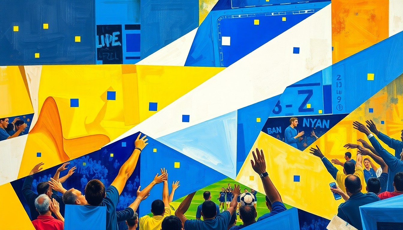 A cubist, geometric painting in shades of blue, white, and yellow, capturing the energy and excitement of Scottish football fans gathered for a match or celebration, with overlapping planes and fragmented figures.