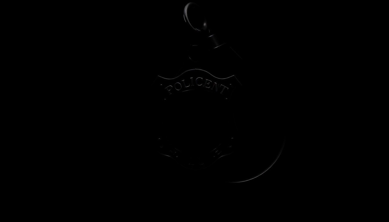 An extreme close-up photograph of a police badge or handcuffs against a pitch-black background, lit by a harsh, direct camera flash to create a stark, gritty, investigative aesthetic, conceptually representing the tragic loss of a police officer in the line of duty.