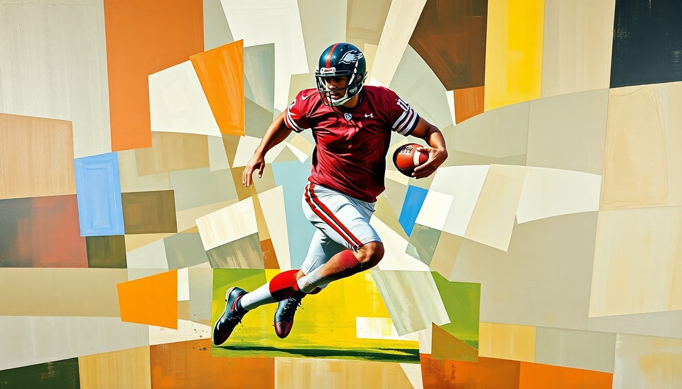 A cubist-style painting depicting a football player in motion, broken down into sharp, overlapping geometric shapes and planes in a variety of colors.