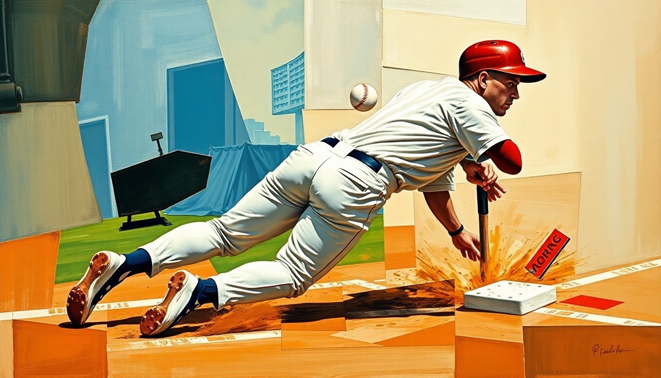 A fragmented, geometric painting depicting a baseball player sliding into a base, with sharp, overlapping planes of color and form conceptually representing the disruption and uncertainty caused by Winn's car accident.