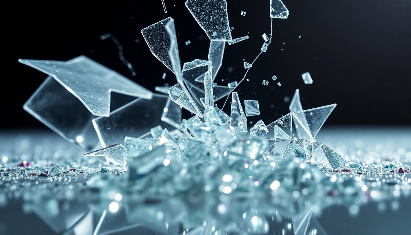 An extreme close-up photograph of shattered glass and glittering sequins in dramatic, high-contrast studio lighting, conceptually representing the public downfall of a reality TV personality.