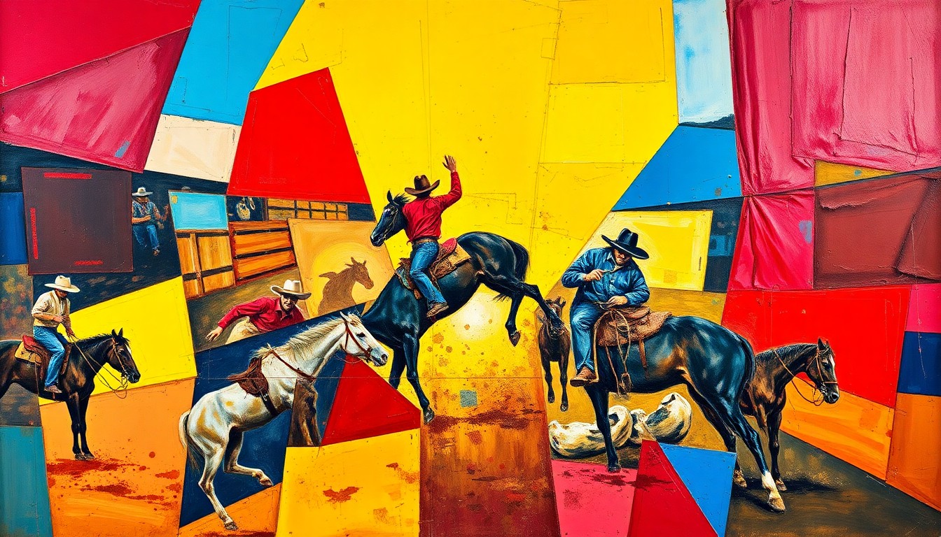A fractured, multi-perspective painting in bold, vibrant colors depicting the abstract forms of a rodeo scene, with bucking broncos, cowboys, and rodeo equipment deconstructed into sharp, overlapping geometric shapes.