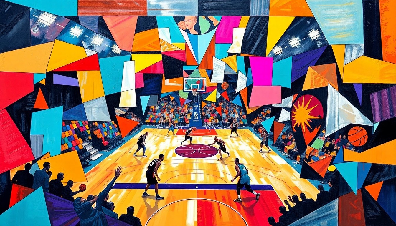 A fractured, cubist-style painting depicting the energy and movement of a basketball game, with players and the court deconstructed into overlapping geometric shapes and planes in a vibrant, abstract composition.