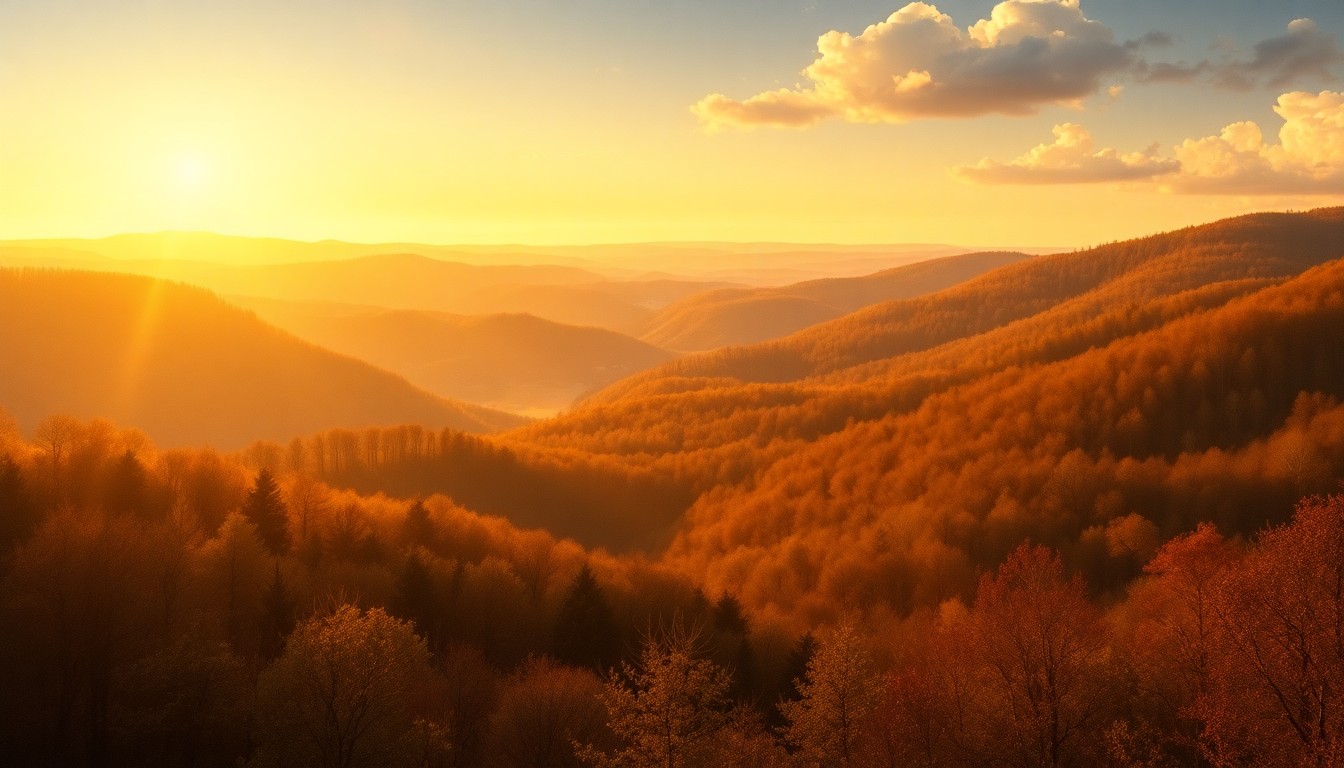 A sweeping landscape painting in muted earth tones, with rolling hills and lush forests bathed in warm, golden sunlight, conveying the tranquil, sublime beauty of the changing seasons in Maryland.