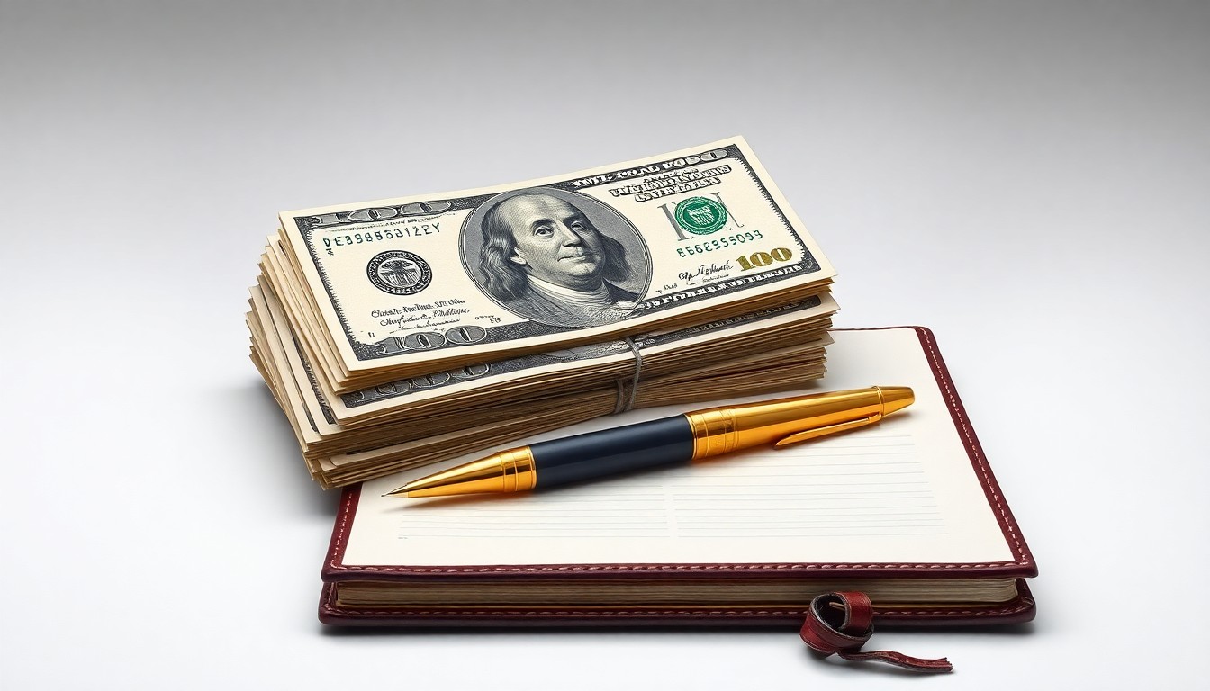A high-end, photorealistic studio still-life featuring a stack of crisp $100 bills, a gold-plated pen, and a leather-bound ledger on a clean, monochromatic background, symbolizing the financial industry's role in enabling and profiting from Epstein's crimes.