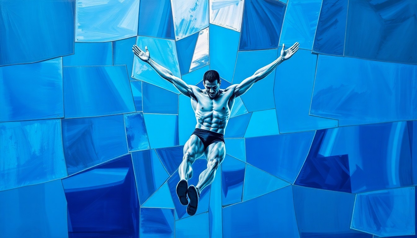 A fragmented, geometric painting depicting the dynamic motion and energy of a diving pose, rendered in shades of blue and silver to conceptually represent an NCAA championship triumph.