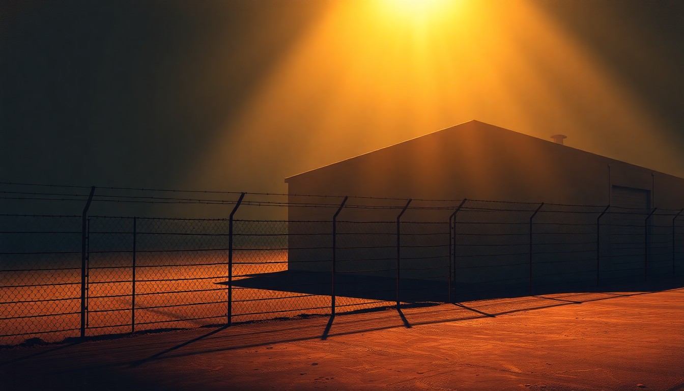 A serene, cinematic painting of an empty, sun-drenched detention facility building with a tall barbed wire fence in the foreground, conveying a sense of isolation and melancholy.