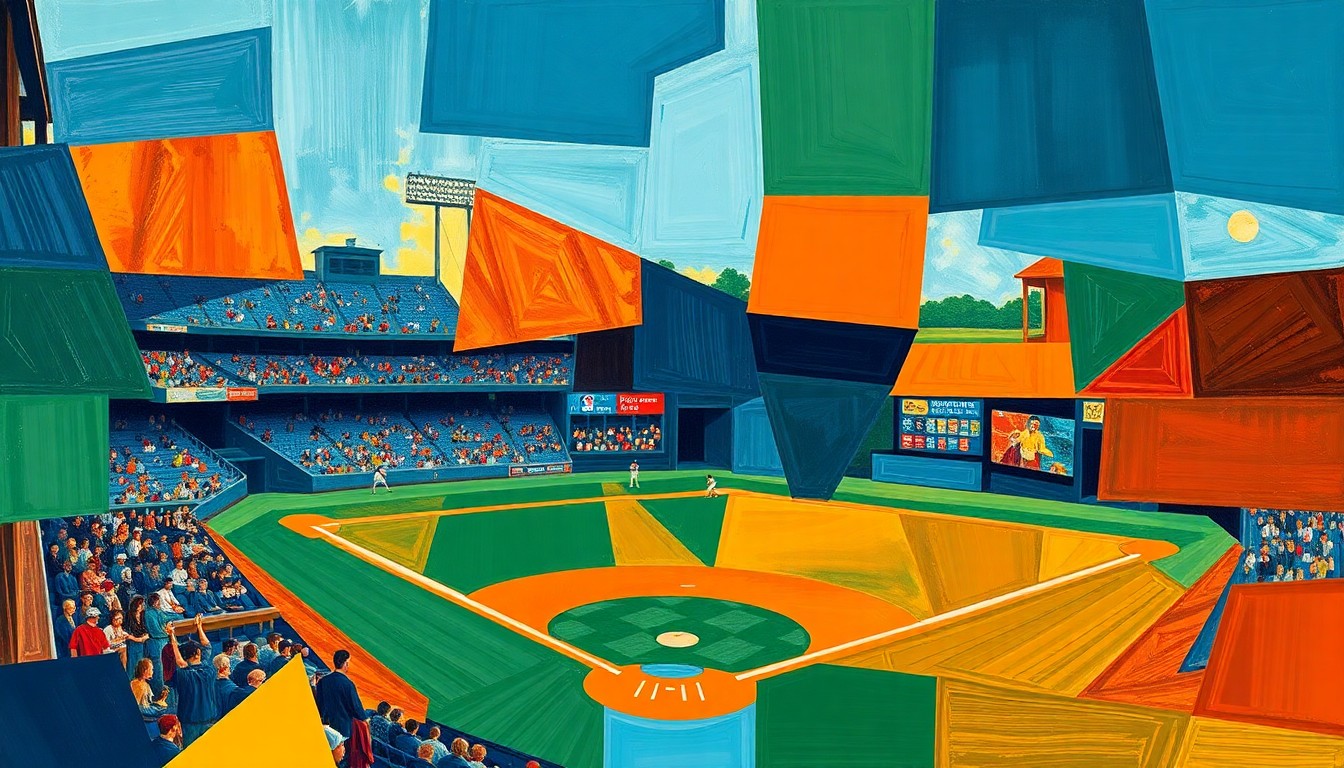 A fragmented, geometric painting in navy, green, and orange hues, depicting a high school baseball game in an abstract, multi-perspective style.