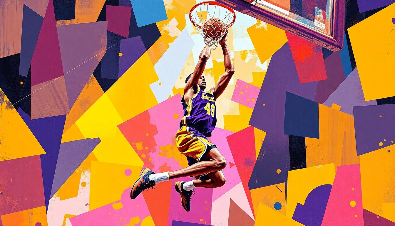 A cubist, geometric painting depicting a basketball player in motion, with the player's form broken down into sharp, overlapping planes of color representing the Lakers' purple and gold uniforms.