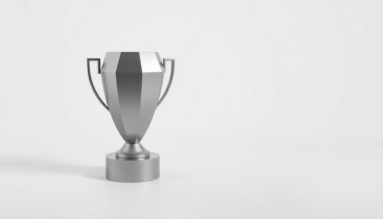 A minimalist, high-contrast studio photograph of a polished, geometric metal trophy or award object resting on a clean white background, symbolizing the prestige and recognition associated with Anika's leadership in the biotech industry.