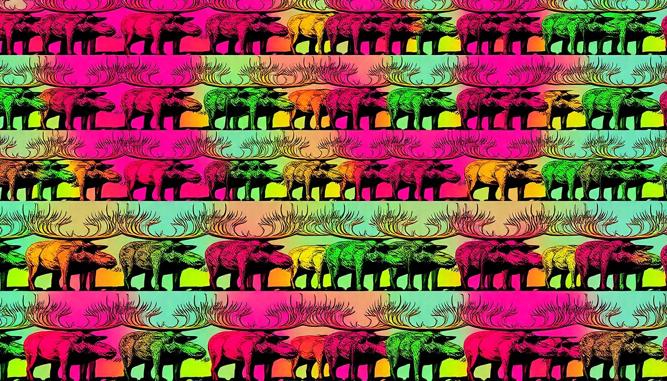 A vibrant, high-contrast silkscreen print featuring the Thompson Elk statue repeated in a grid pattern, capturing the pop art spirit of this historic Portland landmark.