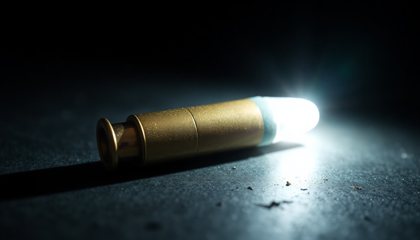 An extreme close-up photograph of a single spent shell casing on a dark surface, lit by a harsh, direct camera flash, conceptually representing the aftermath of a violent crime.