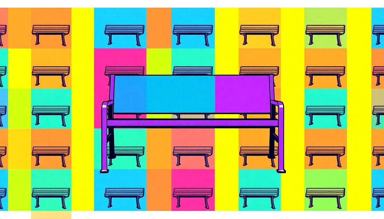 A brightly colored, high-contrast silkscreen print of a single Beltline trail bench repeated in a tight grid pattern, using flat, unnatural neon colors and heavy black outlines to transform the everyday object into modern pop art.