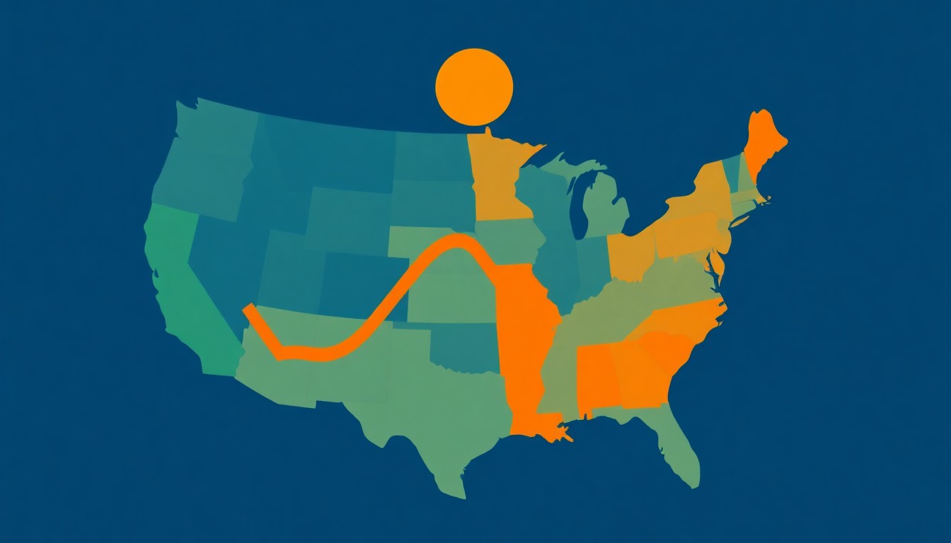 An abstract illustration composed of overlapping triangles and circles in shades of blue, green, and orange, conceptually representing the volatility and regional differences in gas prices across the United States.