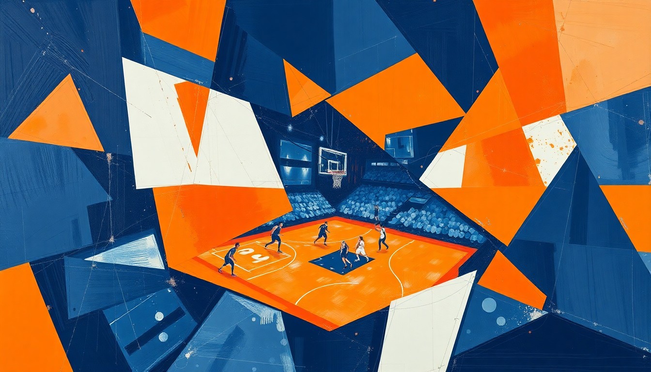 A cubist, geometric painting depicting a fragmented WNBA basketball game, with sharp planes of navy blue, orange, and white overlapping to create a dynamic, multi-perspective scene.