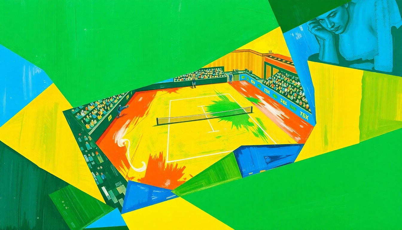A fragmented, geometric painting in bold, clashing colors depicting a tennis match from multiple angles, conveying the excitement and prestige of the international tournament coming to Marietta.