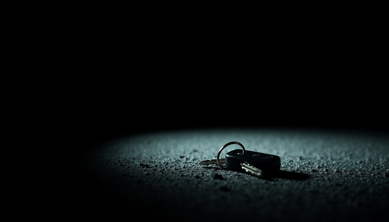 An extreme close-up photograph of a discarded car key on the ground, lit by a harsh, direct camera flash against a pitch-black background, conveying a sense of the abandoned vehicle and the investigation into the suspect's escape.