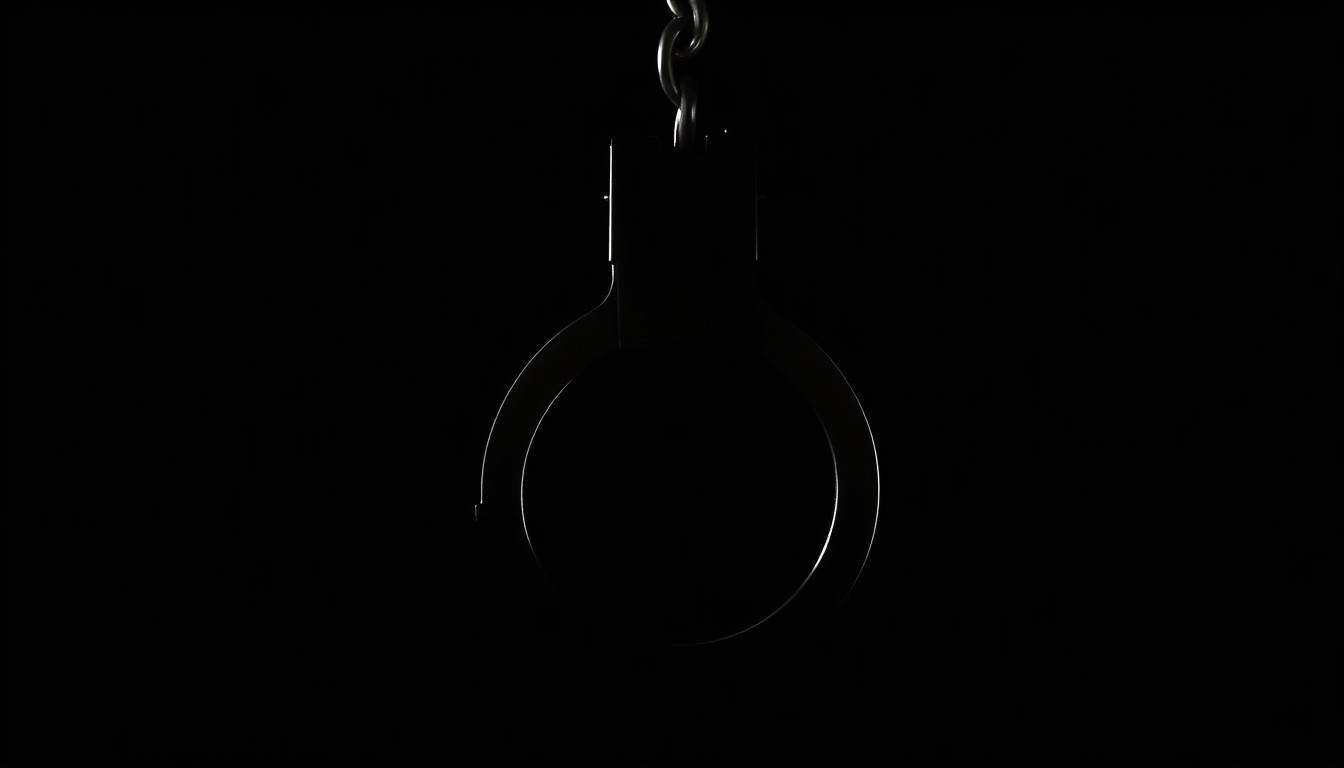 An extreme close-up photograph of a single handcuff, the metal surface reflecting a harsh, direct camera flash against a pitch-black background, conceptually representing the gritty investigation that led to a decades-old murder conviction.