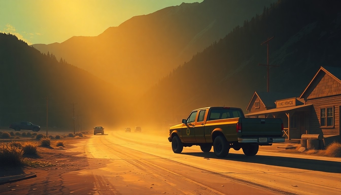 A serene, nostalgic painting of a lone Forest Service vehicle parked on a rural road, capturing the quiet contemplation of the agency's transition to the American West.