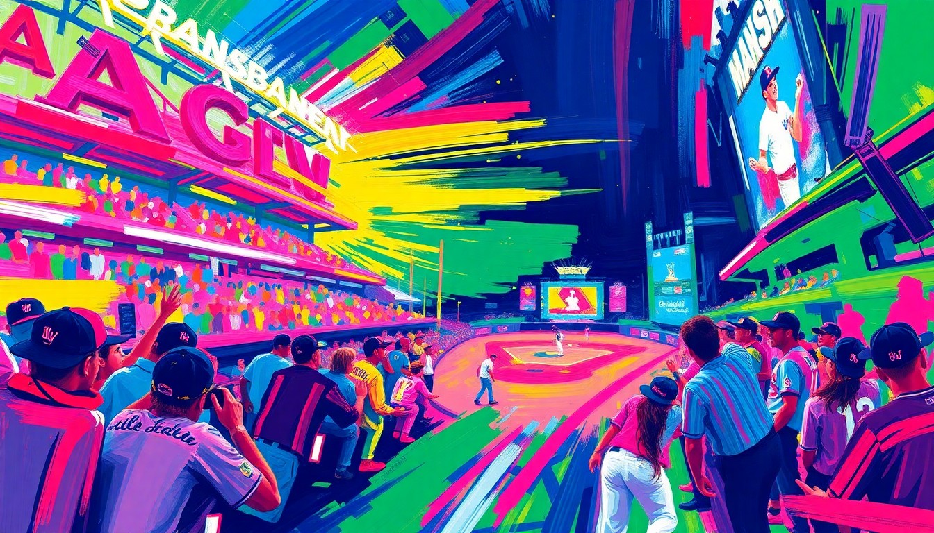 An abstract, expressionist painting featuring bold, sweeping brushstrokes in neon shades of blue, orange, and green, capturing the energy and anticipation of a minor league baseball team's Opening Day.