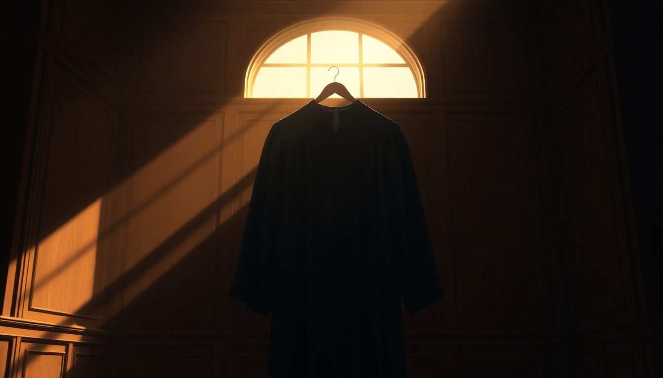 A solitary, empty Supreme Court justice's robe hanging alone in a dimly lit, wood-paneled room, bathed in warm, diagonal sunlight and deep shadows, conveying a sense of contemplation and the weight of the court's decisions.