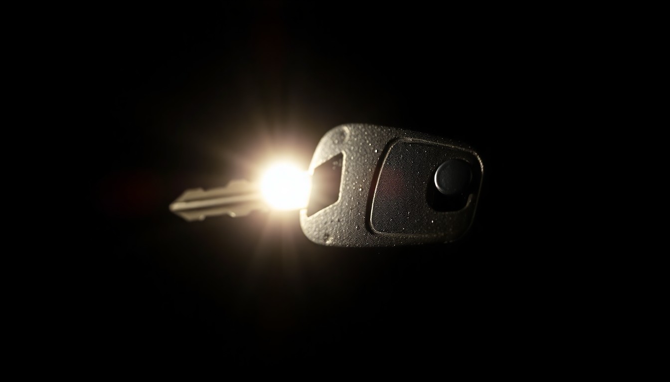 An extreme close-up photograph of a damaged car key or broken car lock mechanism, lit by a harsh, direct camera flash against a pitch-black background, conceptually illustrating the property crimes reported in the Hopkins police logs.