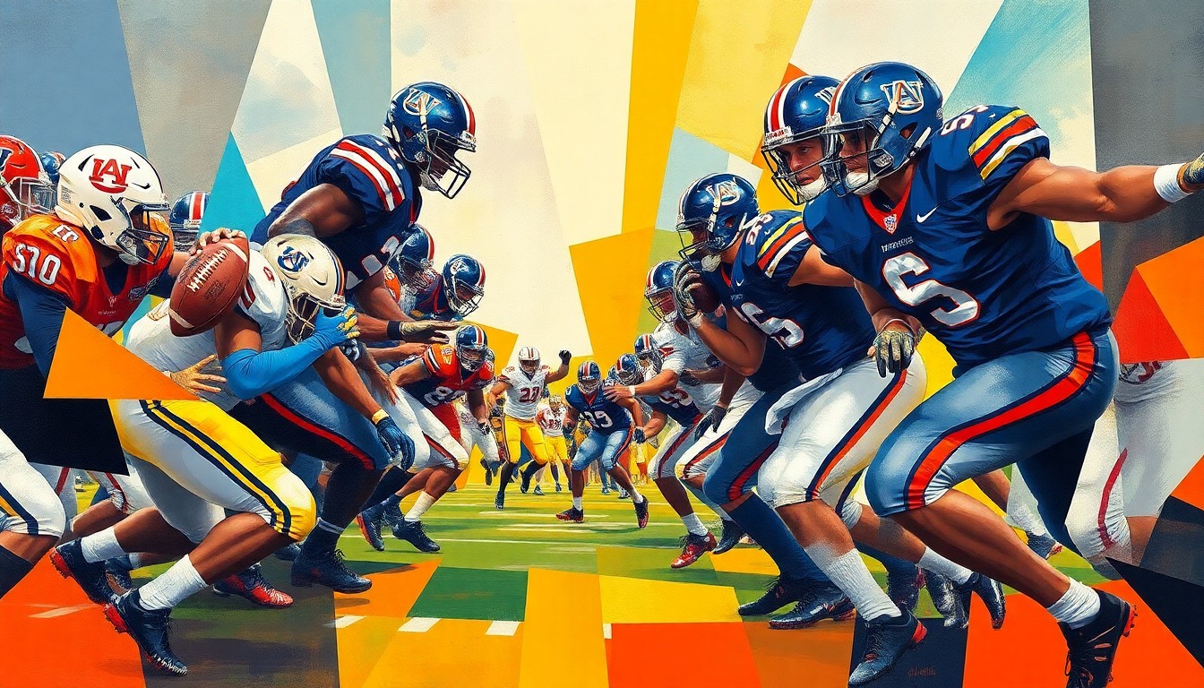 A fragmented, geometric painting depicting the chaotic movements and collisions of a college football scrimmage, with the dominant colors of orange and blue representing the Auburn Tigers.