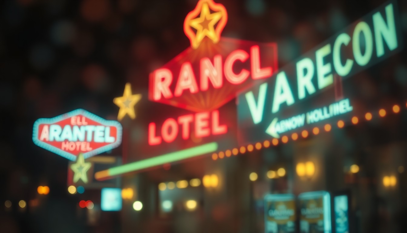 An impressionistic, out-of-focus photograph in warm tones depicting the hazy, dreamlike silhouette of a vintage neon sign, evoking the nostalgic atmosphere of the original El Rancho Vegas hotel on the Las Vegas Strip.