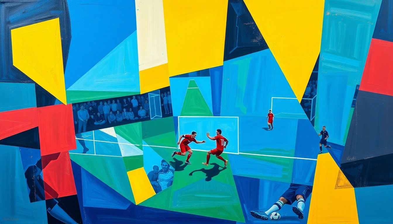 A cubist-inspired painting depicting a soccer player in action, with their body and the ball fragmented into sharp, overlapping geometric shapes in a vibrant color palette, conceptually representing the complex dynamics between clubs and national teams over player injuries.