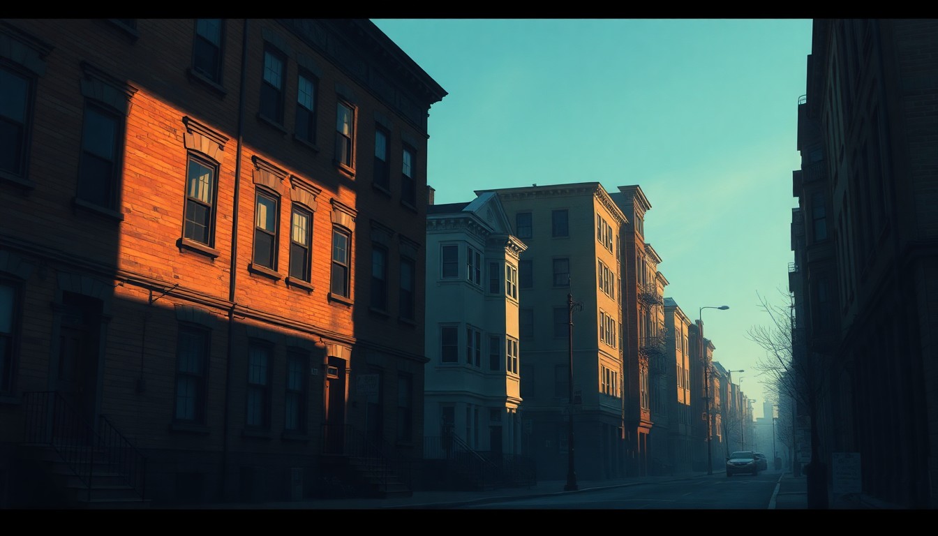 A serene, nostalgic painting of a row of old, multi-story apartment buildings in Providence, with warm sunlight casting long shadows across the facades and sidewalks, conceptually representing the city's housing affordability challenges.