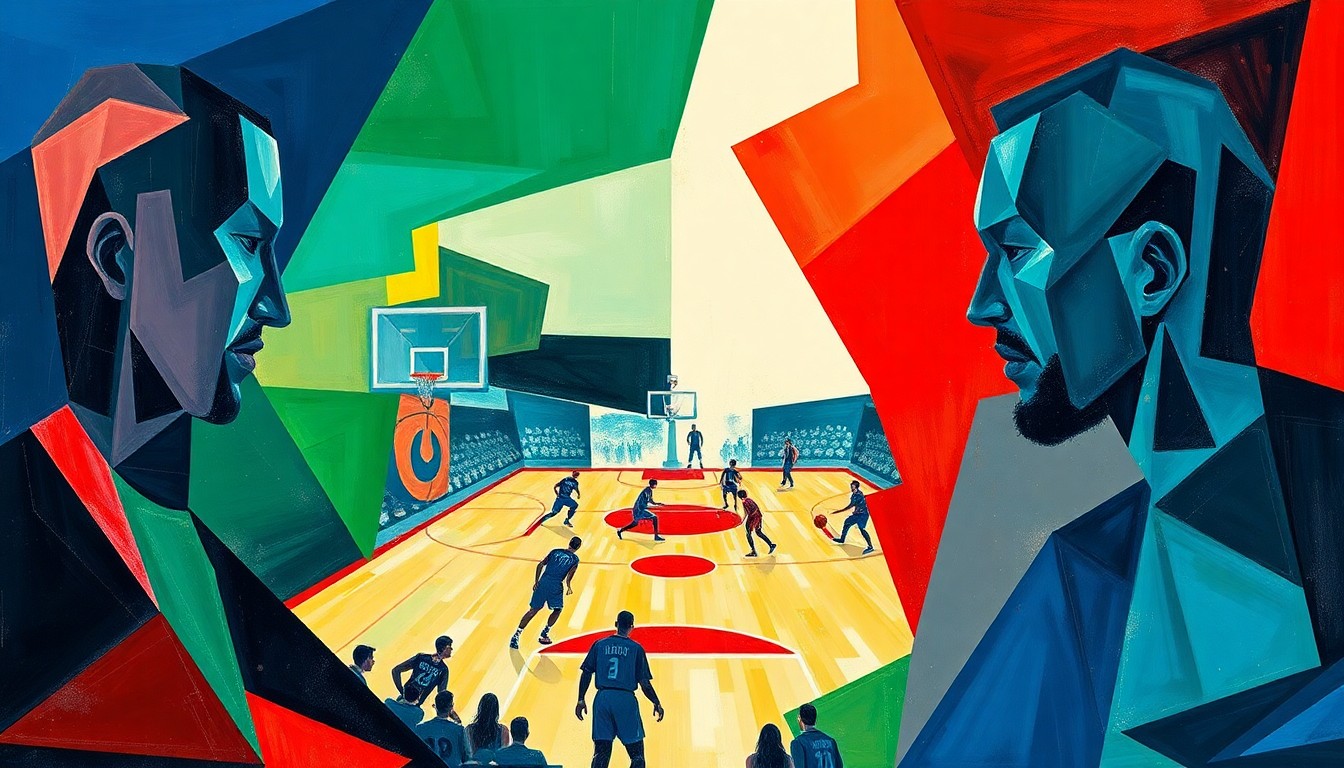 A fractured, multi-perspective painting in a cubist style, breaking down a college basketball game into sharp, overlapping geometric shapes in a palette of deep blues, greens, and reds, without any recognizable figures or text.