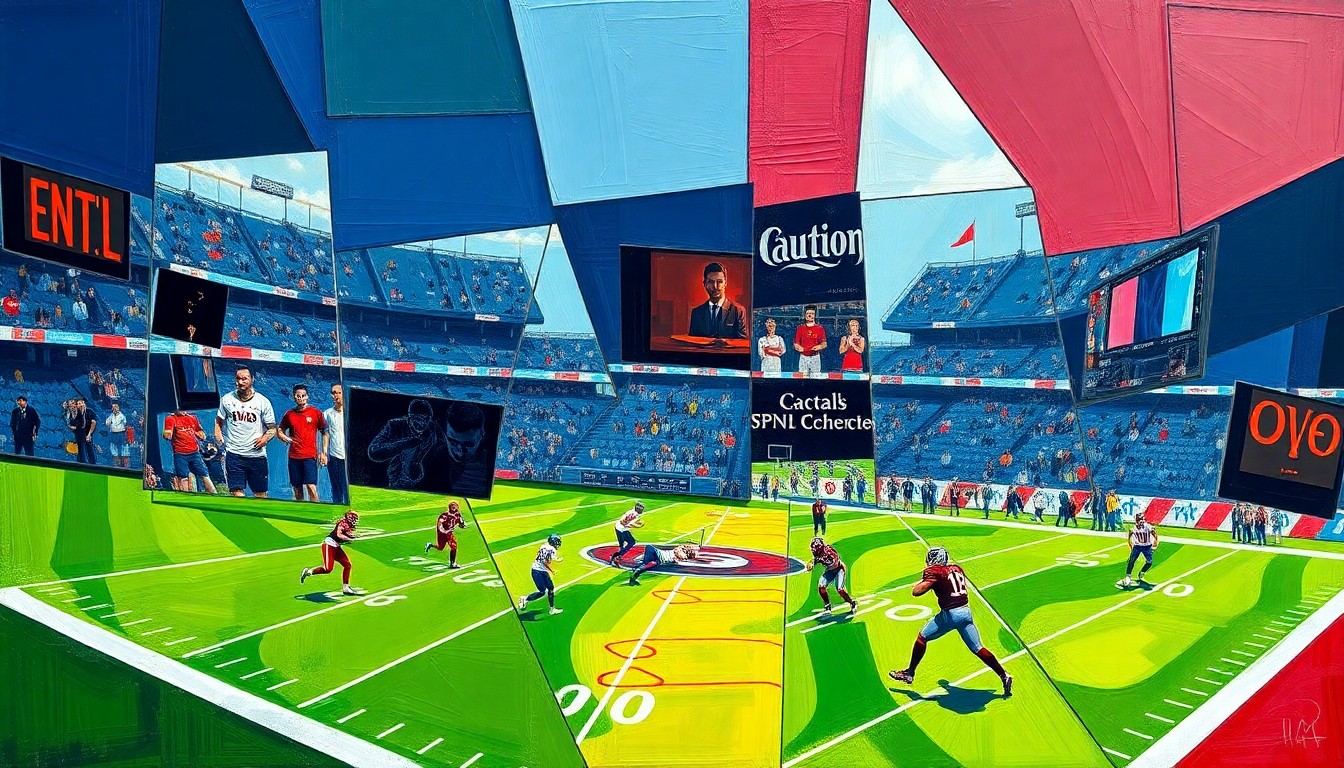 A cubist, geometric painting depicting an abstract football scene, with sharp, overlapping shapes and planes in a vibrant color palette, conveying the flexibility and open-mindedness of the Seahawks' draft approach.