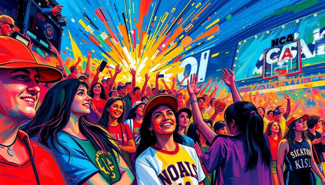 An abstract, energetic painting featuring bold brushstrokes in neon shades of pink, orange, and blue, capturing the excitement and spirit of a crowd of basketball fans gathering for a major tournament.